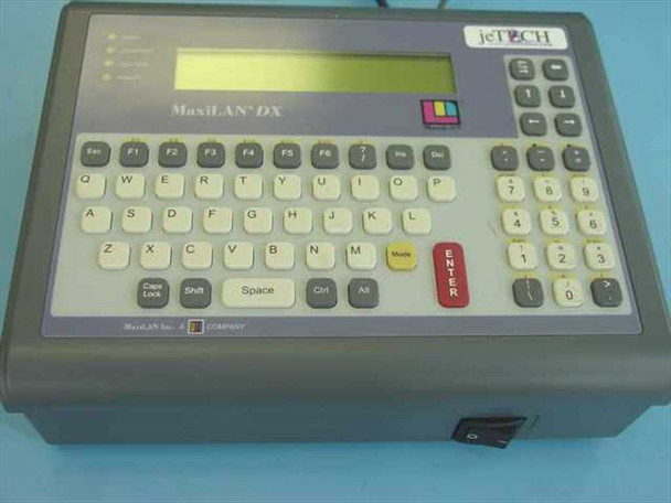 Intermec MaxiLAN DX close-up of front panel showing full QWERTY keyboard, numeric keypad, red ENTER key, LCD display, and jeTECH branding
