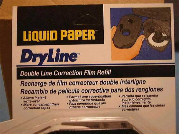 Liquid Paper DryLine Double Line Correction Film Refill — close-up of retail card packaging showing product name and multilingual description