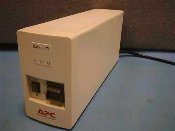 APC Back-UPS 400 tower UPS front view showing Back-UPS 400 label, on/off switch, and APC logo on beige housing