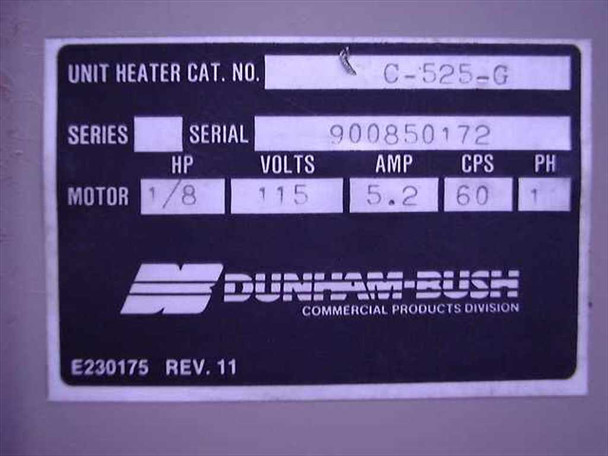 Dunham-Bush rating plate – Cat. No. C-525-G, Serial 900850172, Motor 1/8 HP, 115V, 5.2A, 60 CPS, 1 Phase, E230175 REV. 11