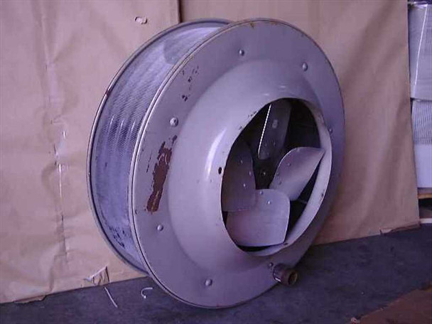 Dunham-Bush C-525-G hot water unit heater – front view showing 3-blade fan inside circular sheet metal housing with surface rust on outer rim