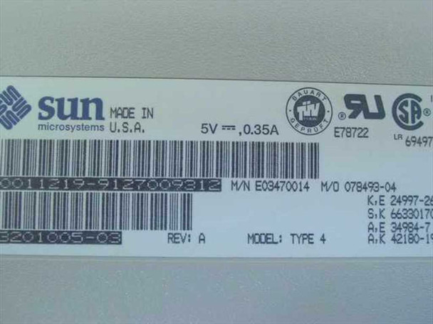 Sun Microsystems 320-1005-03 Type 4 keyboard – bottom label showing part number 078493-04, Rev A, 5V 0.35A, Made in USA