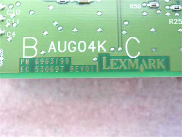 Lexmark 69G3199 board PCB label close-up showing PN 69G3199, EC 530697 REV01, and Lexmark logo