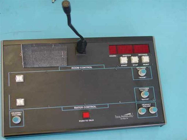 Tele Images Inc. desktop podium front panel with AT857QMa gooseneck mic mounted, showing LED timer display, Room Control and Rater Control sections, Start/Stop/Reset buttons, Push to Talk button, and volume knobs