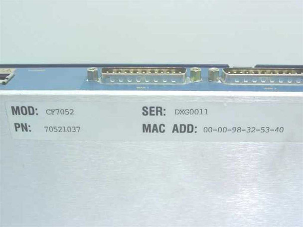 Olicom CF7052 bottom label showing model CF7052, part number 70521037, serial number DXG0011, and MAC address