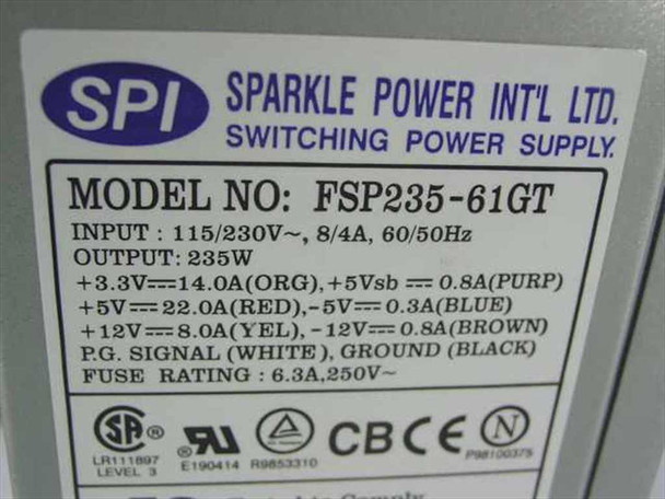 SPI FSP235-61GT specification label showing model number, input 115/230V 8/4A 60/50Hz, output 235W, and rail current ratings