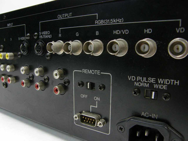 Panasonic ET-100DS – rear panel close-up showing RGB BNC outputs (R, G, B, HD/VD, HD, VD) at 31.5kHz, remote DB9 port, VD pulse width switch, and AC inlet