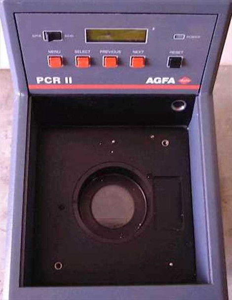 AGFA PCR II Film Recorder top-open view showing front control panel and open camera bay with circular lens aperture mount — camera not present
