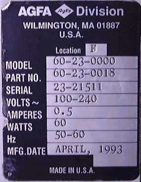 AGFA PCR II Model 60-23-0000 rear rating plate showing Part No. 60-23-0018, Serial 23-21511, 100-240V, 0.5A, 60W, 50-60Hz, Mfg. Date April 1993, Made in USA