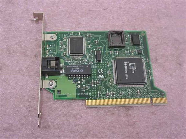 Intel S82557 PCI 10/100 Ethernet NIC — reverse side view showing PCB layout, RJ-45 port with green LED indicator, and PCI edge connector