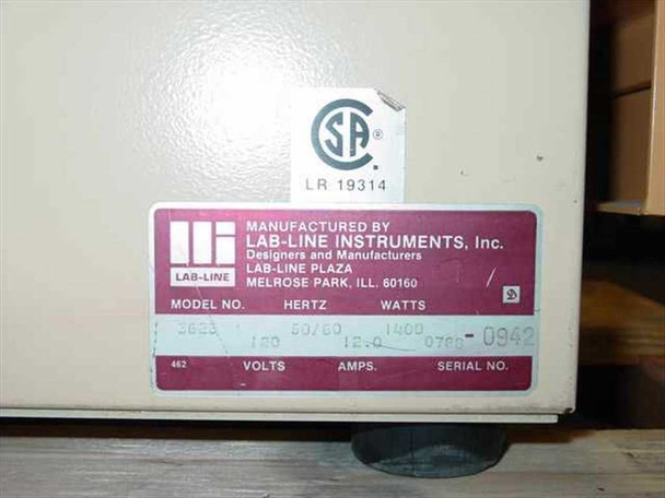 Lab-Line 3620 rating plate — 120V 50/60Hz 1400W 12.0A, CSA LR 19314, Melrose Park IL