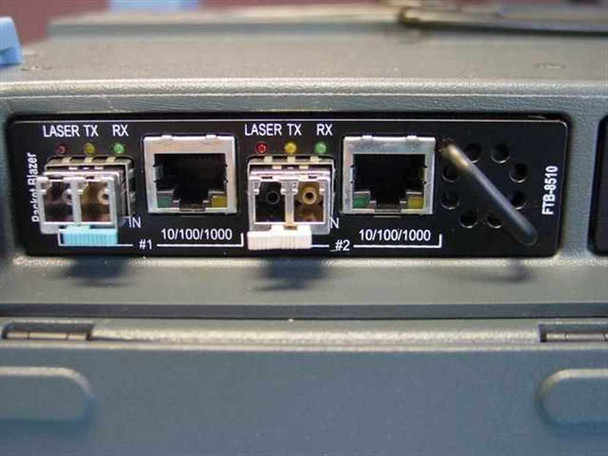 EXFO FTB-8510 Packet Blazer front panel showing two test ports — each with SFP fiber transceiver (LASER TX/RX indicators) and RJ-45 10/100/1000 Ethernet jack, labeled Port 1 and Port 2