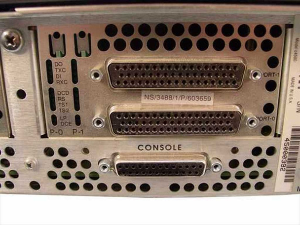 Cisco C4500 rear module detail — NS/3488/1/P/603659 serial WAN module with two high-density serial port connectors and CONSOLE DB-25 port