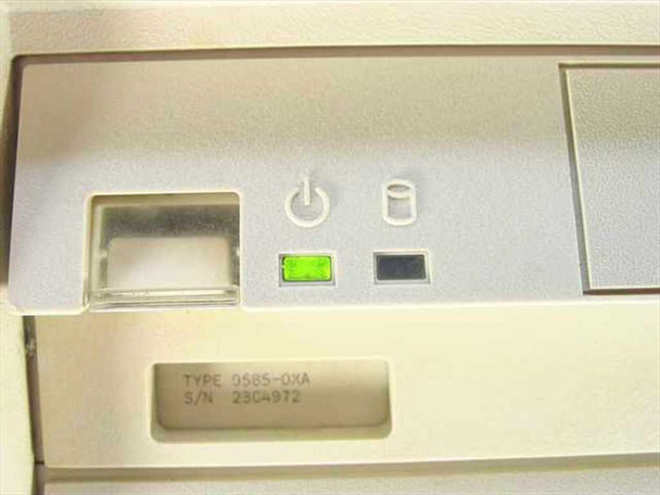 IBM PS/2 Model 85 front panel close-up showing power and drive activity LEDs, type label 9585-0XA, and S/N 23C4972