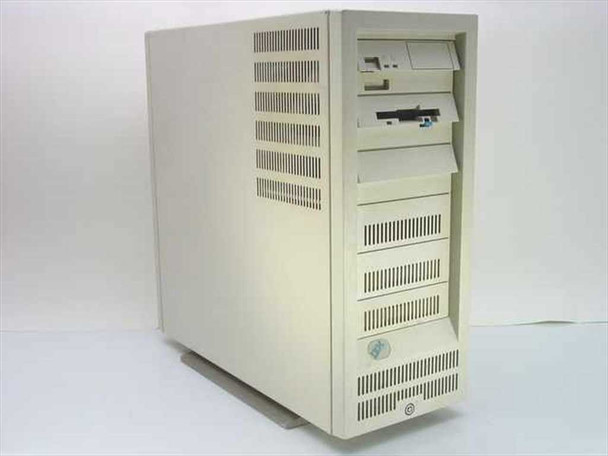 IBM PS/2 Model 85 9585-0XA tower desktop computer — front right three-quarter view showing beige case, drive bays, and IBM logo badge