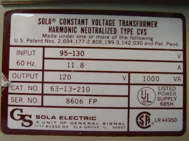 Sola Electric 63-13-210 nameplate label showing CVS Harmonic Neutralized Type, input 95-130V / 11.8A / 60Hz, output 120V / 1000VA, Cat. No. 63-13-210, UL and CSA marks