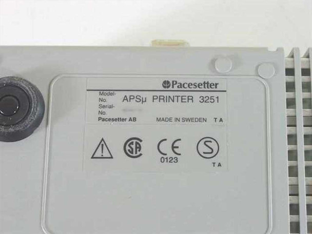 Pacesetter APSu Printer 3251 label showing model number, serial number, Made in Sweden, CSA and CE certification marks