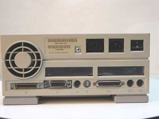 Sun SPARCstation IPX 47B rear panel showing large circular fan, IEC power inlet and switch, two SCSI ports, two DB-25 serial ports, two mini-DIN keyboard/mouse ports, and video connector