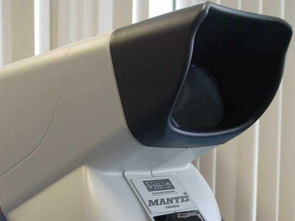 Close-up of Vision Engineering Mantis eyepieceless viewing hood showing large open viewing aperture and MANTIS nameplate on body