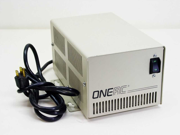 ONEAC CP1107 AC Line Conditioner — front-right three-quarter view showing ONEAC logo, ventilation slots, power cord, and ON/OFF rocker switch
