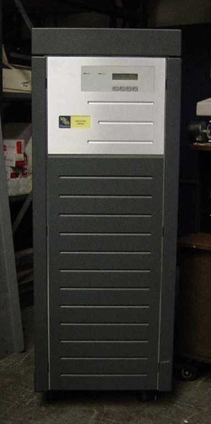 Plasmon RF-60J-703 optical disk jukebox – full front view showing tower cabinet with stainless steel control panel, LCD display, four front-panel buttons, and louvered lower doors on casters