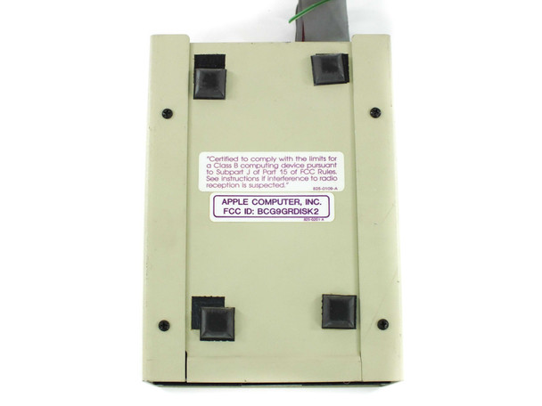 Apple A2M0003 Disk II bottom view showing FCC ID BCG9GRDISK2 label and rubber feet
