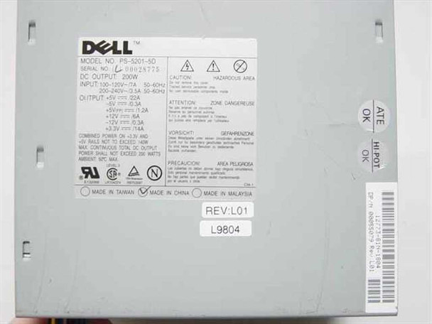 Dell HP-233SNF ATX power supply — rating label showing model PS-5201-5D, input 100–240V, DC outputs, Rev L01, and manufacturing origin