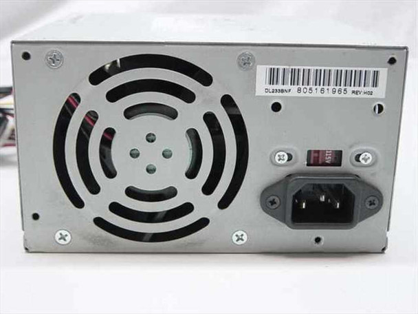 Dell HP-233SNF ATX power supply — opposite rear side showing fan grille, IEC C14 inlet, and DL233BNF REV H02 sticker