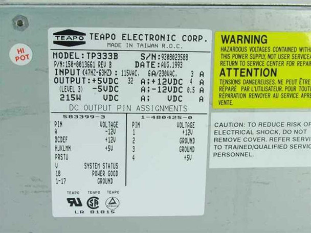 Teapo TP333B specification label showing model, part number 150-0013661 Rev B, input/output voltage ratings and DC pin assignments
