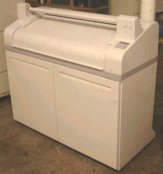 CalComp 68436 36-inch color electrostatic plotter — full front view showing cabinet with dual lower doors and paper output area
