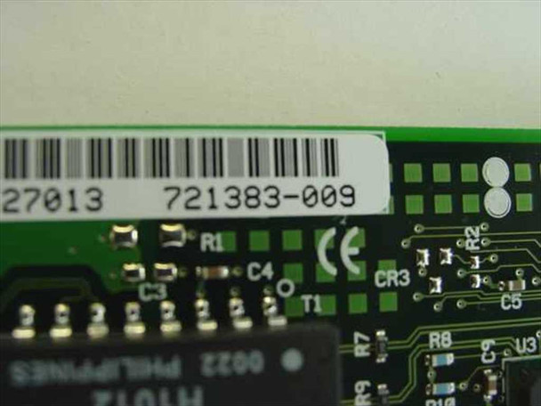 Intel 721383-009 NIC — closeup of PCB label showing barcode, part number 721383-009, and CE marking