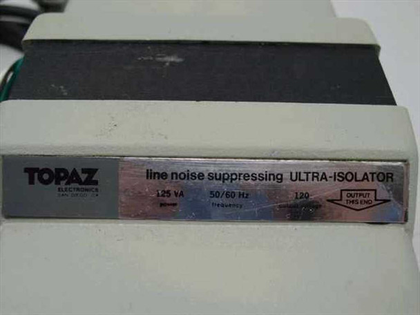 Topaz Electronics 91091-32 Ultra-Isolator – close-up of output-side label showing 125 VA, 50/60 Hz, 120V, and OUTPUT THIS END marking