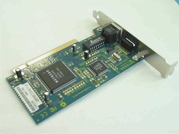 Netgear FA310TX REV-D2 PCI NIC — angled top view showing Nitoar and Delta ICs, crystal oscillator, RJ-45 port, and full-height bracket