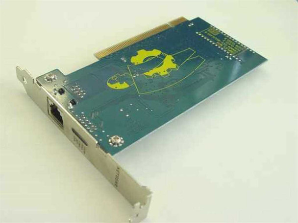 Netgear FA310TX REV-D2 — PCB underside (solder side) showing teal board with Netgear globe logo graphic and RJ-45 port bracket