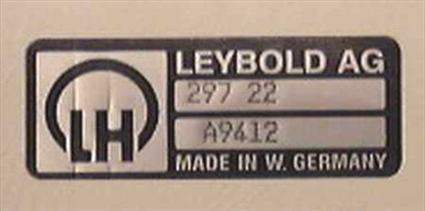Leybold AG 297 22 valve label close-up showing model number, date code A9412, and Made in W. Germany marking