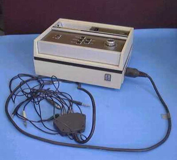 Burdick EK-8 Electrocardiograph ECG machine – three-quarter front view showing top control panel and 10-lead patient cable with junction box laid in front