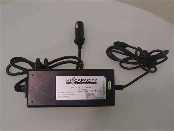 Hi Capacity DK-C52H Notebook DC Car Power Adapter full unit view showing cigarette lighter input plug and 3-pin output cable