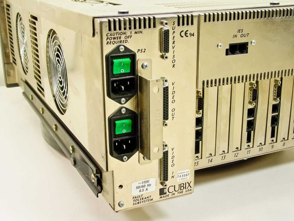 Rear panel close-up of Cubix FT Subsystem showing dual IEC power inputs (PS1/PS2), Video Out, Video In, Supervisor, and IES ports