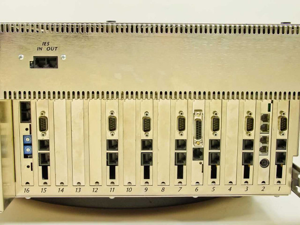 Rear card slot panel showing 16 numbered ISA slot positions with DB-9 serial connectors and RJ-style ports across all positions