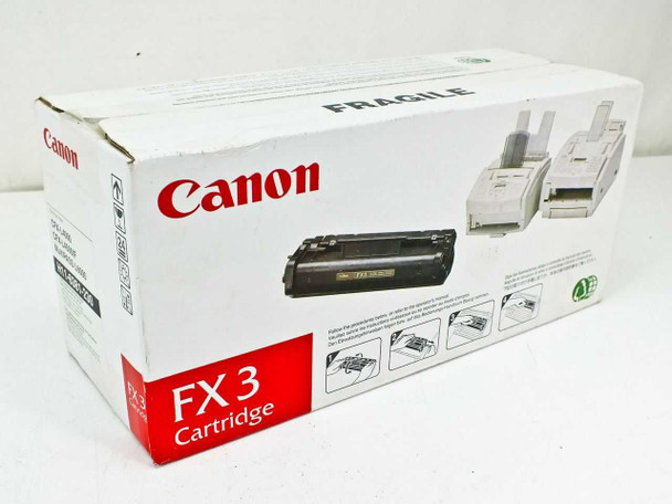 Canon FX3 toner cartridge box — right side angle showing FRAGILE label and toner cartridge visible inside open top