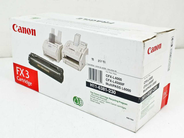 Canon FX3 toner cartridge H11-6381-230 in original box — front left angle showing FX3 branding and compatible model list