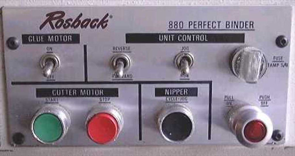 Rosback 880 Perfect Binder control panel close-up showing Glue Motor, Unit Control, Cutter Motor start/stop buttons, and Nipper controls