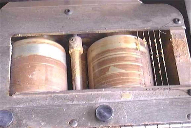 Rosback 880 internal glue roller mechanism showing two cylindrical rollers with dried glue buildup and wiper strings