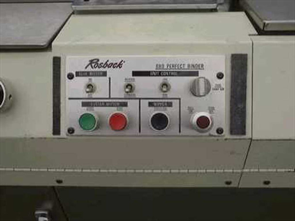 Rosback 880 Perfect Binder main control panel showing Glue Motor, Unit Control toggles, Cutter Motor start/stop, and Nipper buttons