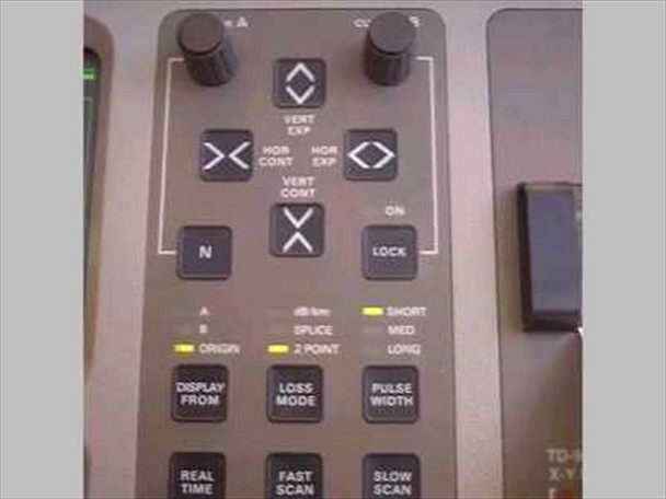 Laser Precision TD-9950 OTDR front-panel control detail showing cursor/expand keys, N-point averaging key, Lock key, Display From, Loss Mode, Pulse Width, Real Time, Fast Scan, and Slow Scan buttons