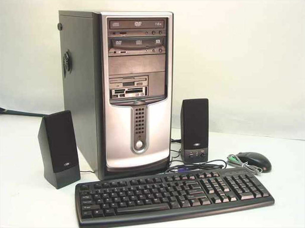 Bass 3000Z desktop tower PC — front view with stereo speakers, keyboard, and mouse included