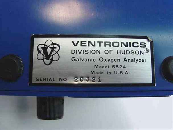 Ventronics 5524 nameplate — Division of Hudson, Galvanic Oxygen Analyzer, Model 5524, Made in U.S.A.