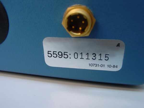 Hudson Ventronics 5595 label closeup showing serial number 5595:011315, part number 10731-01, date code 10-84, and rear multi-pin circular sensor connector