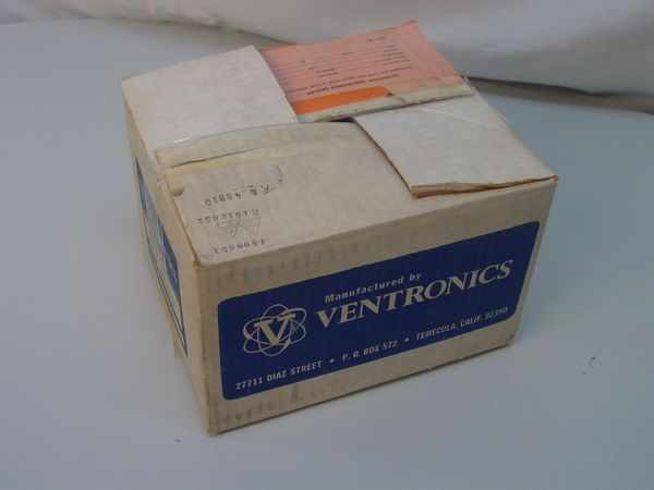 Original Ventronics shipping box for Hudson Ventronics 5595 Oxygen Analyzer – aged cardboard box with Ventronics branding, Temecula CA address