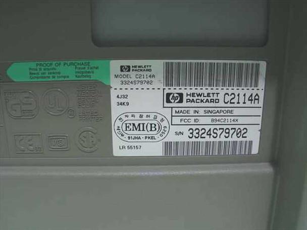 HP C2114A DeskJet 500C bottom label showing model number, serial number 3324S79702, and certification markings – Made in Singapore